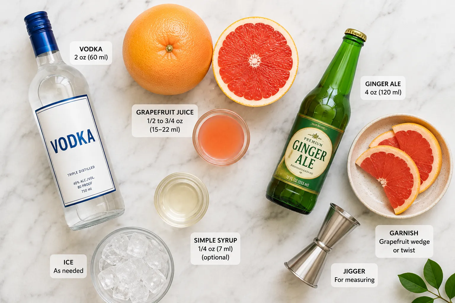 vodka bottle, fresh grapefruits